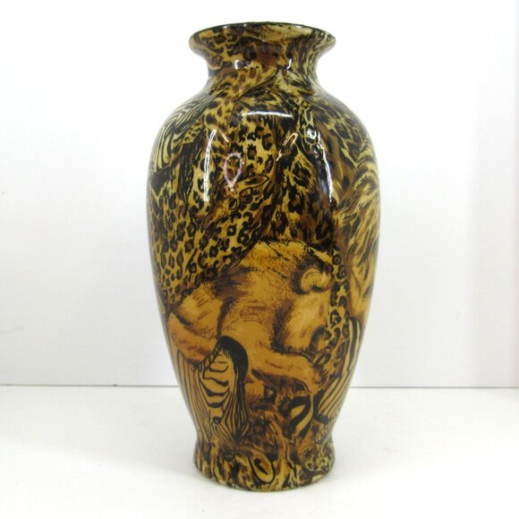 Ceramic African Safari Patchwork Vase Lions Leopards and Zebra 9 Inch Tall - Picture 3 of 7